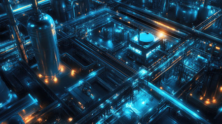 Explore a vibrant futuristic industrial complex filled with intricately designed pipes and glowing lights, showcasing advanced technology and innovation.の素材
