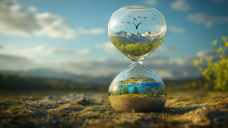 A captivating hourglass reflects a beautiful natural landscape, symbolizing the passage of time. This serene image evokes peace and contemplation, inviting viewers to appreciate life's fleeting moments.の素材