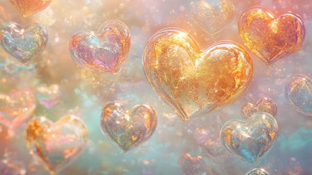 This enchanting image features colorful floating heart shapes surrounded by sparkles, creating a dreamy atmosphere. Perfect for themes of love and celebration.の素材