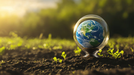 A glass globe representing Earth rests on rich soil, encircled by vibrant green plants. This image symbolizes growth, sustainability, and the harmony of nature.の素材