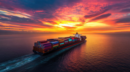 A vibrant cargo ship navigates the ocean waters at sunset, showcasing colorful containers against a stunning sky. This image captures the beauty of maritime industry.の素材