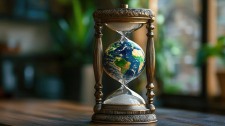 An artistic hourglass featuring a miniature Earth, representing the delicate balance of time and nature. Ideal for concepts of sustainability and awareness.の素材