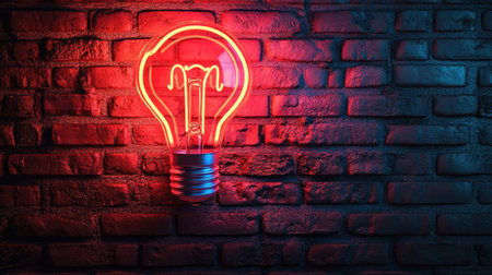 A stunning neon light bulb glowing in red against a textured brick wall. This vibrant image captures creativity and modern ambiance, perfect for design projects.の素材