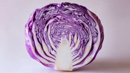 A stunning cross-section of fresh purple cabbage showcases its vibrant colors and intricate layers. Perfect for culinary projects or health-focused visuals.の素材