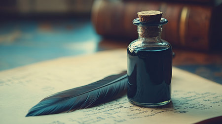 A beautiful vintage ink bottle paired with a feather quill rests on an ancient manuscript, evoking a sense of nostalgia and creative writing.の素材