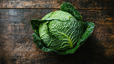 A vibrant green cabbage resting on a rustic wooden table, highlighting fresh produce and healthy nutrition. Perfect for culinary projects or farm-to-table themes.の素材