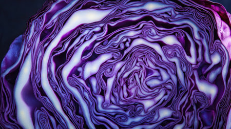 A stunning close-up of purple cabbage showcasing its intricate layers and textures. This vibrant vegetable is perfect for healthy dishes and culinary creativity.の素材