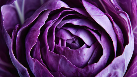 A stunning close-up of purple cabbage petals showcases vibrant colors and intricate textures, perfect for food photography, cooking inspiration, or natural beauty.の素材