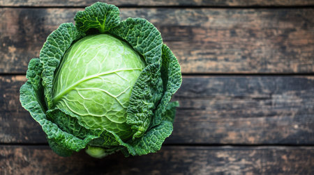 A fresh green cabbage sits on a rustic wooden table, surrounded by vibrant leaves. This image captures the essence of healthy living and natural food.の素材