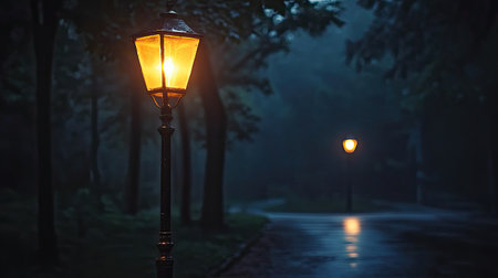 A serene nighttime scene featuring a glowing vintage street lamp along a foggy pathway, creating an enchanting atmosphere in a tranquil outdoor setting.の素材
