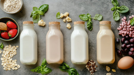 Colorful display of assorted nut milk bottles with fresh ingredients on a textured surface. Perfect for healthy eating, wellness, and plant-based diets.の素材