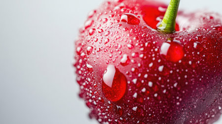 A stunning close-up of a fresh red cherry adorned with tiny water droplets, showcasing its natural beauty and inviting freshness, perfect for food-related themes.の素材
