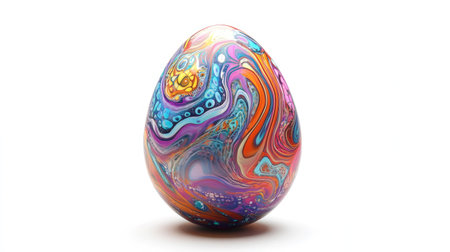 This artistic image features a colorful, swirled egg design showcasing bright tones of orange, blue, and purple. Ideal for creative projects and festive decorations.の素材