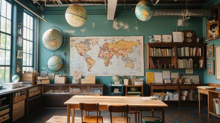 A cozy classroom featuring a large world map, globes on the walls, and a wooden table with chairs, creating an inviting learning environment for students.の素材
