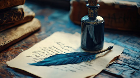 A beautifully composed scene showcasing a quill pen and ink bottle on vintage manuscript paper, capturing the essence of classic artistry and creativity.の素材