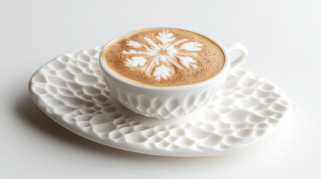 A beautifully crafted coffee displayed on a textured white plate, featuring an intricate snowflake design on top, ideal for warmth and comfort in any setting.の素材
