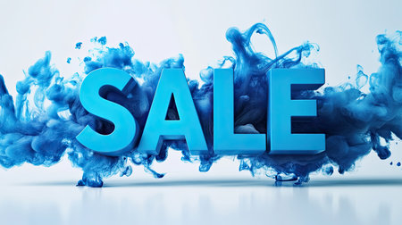 A vibrant blue sale promotion graphic showcasing bold letters immersed in abstract swirling smoke. Ideal for marketing campaigns and advertising materials.の素材
