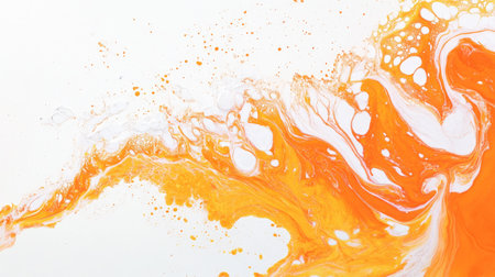 This vibrant abstract artwork features swirling orange and white paint on a light background, creating a dynamic and energetic visual experience perfect for creative projects.の素材