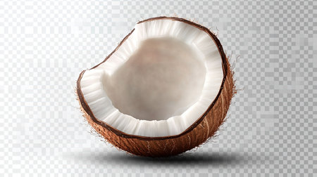 This image features a fresh coconut shell cut in half, revealing the white flesh, perfect for food and beverage projects. Ideal for tropical themes.の素材