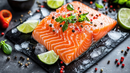 A fresh salmon fillet garnished with lime slices and assorted spices, beautifully presented on a slate board with ice, ideal for culinary inspiration.の素材