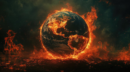 A striking visual of Earth engulfed in flames, representing the urgent threat of climate change and human impact on the planet's future.の素材