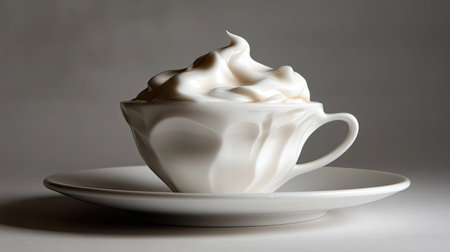 A beautifully styled cup filled with creamy whipped topping, resting on a matching saucer. This image captures the elegance and simplicity of dessert presentation, showcasing smooth textures.の素材