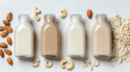 A collection of plant-based milk bottles displayed with almonds, cashews, and oats. Ideal for promoting healthy, dairy-free beverage options and recipes.の素材