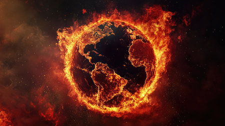 This striking image features a fiery representation of Earth engulfed in flames, symbolizing the urgent climate crisis. A creative visual warning about environmental concerns and future risks.の素材