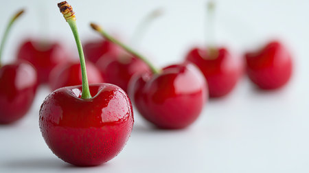 A visually appealing close-up of fresh red cherries glistening with water drops on a clean white background, perfect for food-related themes or healthy eating.の素材
