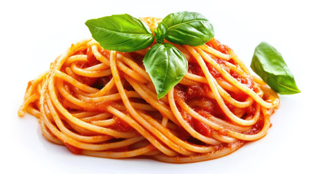 A beautifully presented plate of spaghetti topped with rich tomato sauce and fresh basil leaves, ideal for food enthusiasts and culinary artists.の素材