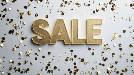 A striking display of gold SALE letters against a backdrop of shimmering confetti, perfect for promotional events, celebrations, and advertisements.の素材