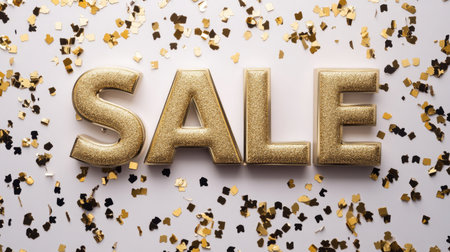 Eye-catching golden letters spelling "SALE" are surrounded by a vibrant array of confetti, perfect for marketing materials related to discounts or festive promotions.の素材