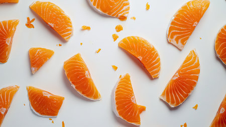 Bright and vibrant orange citrus slices are arranged beautifully on a white background, showcasing the fresh and juicy texture perfect for food photography.の素材