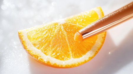 A stunning close-up image of a vibrant orange slice, showcasing its juicy texture and radiant glow. Perfect for food-related themes and healthy living.の素材