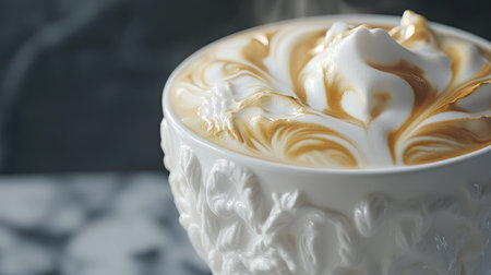A beautifully crafted coffee creation featuring rich caramel swirls and frothy cream in an elegant cup, perfect for a cozy coffee moment.の素材