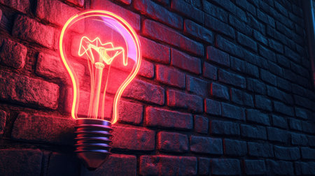 A striking neon light bulb illuminates a textured brick wall, creating a vibrant and artistic atmosphere perfect for modern decor or creative projects.の素材