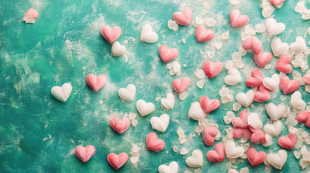 A delightful arrangement of colorful heart shapes scattered across a textured background, perfect for themes of love, celebration, and creativity.の素材