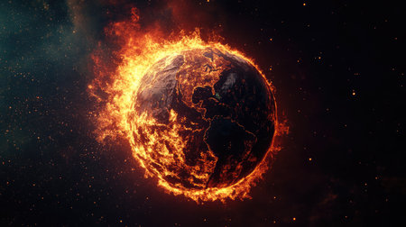 Stunning visual of a burning Earth surrounded by cosmic space, symbolizing climate change and environmental destruction. Ideal for discussions on global warming.の素材