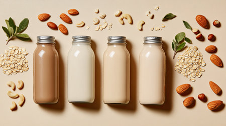 An artistic arrangement of assorted nut milks in glass bottles, surrounded by various nuts and oats. Perfect for showcasing healthy beverage options in a modern kitchen setting.の素材