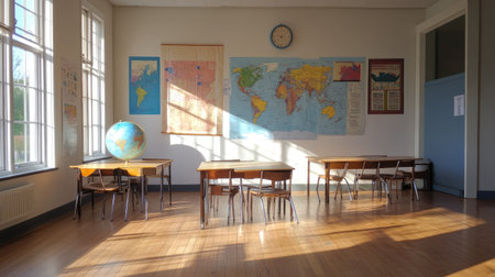 A bright and inviting classroom featuring world maps on the walls, a globe, and sunlit wood floors. Ideal for educational environments and learning spaces.の素材