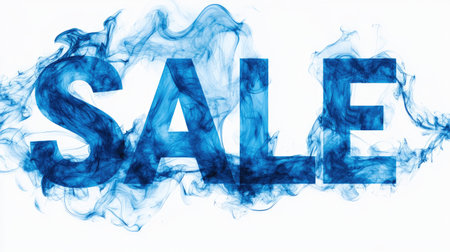Captivating blue smoke surrounds the bold text "SALE," ideal for marketing and promotional visuals. Perfect for attracting attention in retail advertisements.の素材