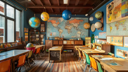 A vibrant classroom featuring detailed world maps and various globes, creating an engaging environment for learning and discovery. Ideal for educational themes.の素材