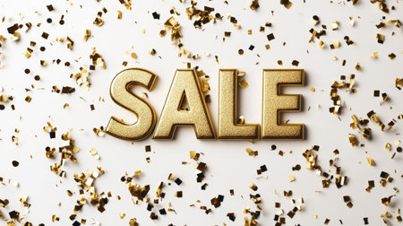 A stunning gold sale sign is beautifully placed on a white background, surrounded by sparkling confetti, creating an engaging and festive promotion for any celebration or event.の素材