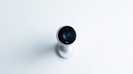 Close-up view of an indoor security camera mounted on a white wall, ideal for home safety and surveillance. A must-have modern technology for peace of mind.の素材