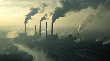 An aerial view of an industrial area at dusk, showcasing smoke stacks releasing plumes of smoke into the atmosphere, with a river flowing nearby.の素材