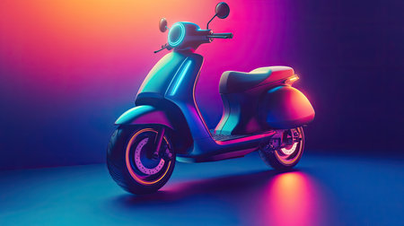 This stunning electric scooter features vibrant neon lighting that enhances its futuristic design. Perfect for capturing modern transportation themes.の素材