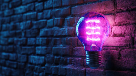 A vintage light bulb emits a vibrant purple glow, contrasting beautifully against a textured brick wall. Ideal for artistic and modern design themes.の素材