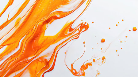 This vibrant abstract artwork features dynamic orange fluid swirls and splashes against a clean white background, creating a sense of movement and creativity.の素材
