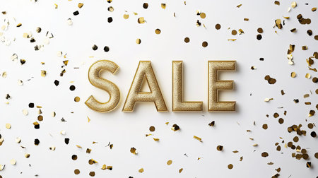 A vibrant gold glitter sale sign surrounded by colorful confetti creates a joyful atmosphere perfect for promotions and festive celebrations.の素材