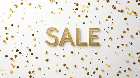 This image features the word "SALE" in golden glitter, elegantly displayed against a white background sprinkled with confetti. Perfect for promotions and festive events.の素材